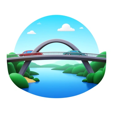 A picturesque bridge arching over an estuary. The bridge features a sleek design with sturdy railings. Beneath the bridge, water flows gently through the estuary, reflecting the sky. Cars are seen passing over the bridge, showcasing motion with blurred trails of light. Lush green vegetation lines the banks of the estuary, contributing to the vibrant scene. The sky above is clear, with a few scattered clouds adding texture to the blue expanse.