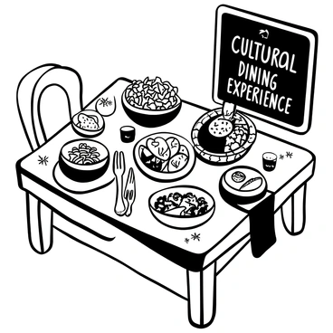 A wooden dining table set with an assortment of traditional dishes from various cuisines. There are bowls filled with pasta, rice, and curry, along with platters of grilled meats and sautéed vegetables. Each dish is accompanied by small decorative elements, such as herbs and spices. Silverware is neatly arranged beside plates, and there are glasses filled with beverages nearby. Various textures and patterns of the dishes create an appealing visual composition. "Cultural Dining Experience" is elegantly displayed on a chalkboard in the background.