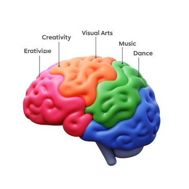 A creative illustration of the brain with artistic talent areas labeled