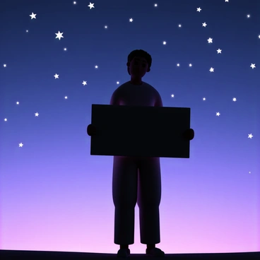 A person standing in silhouette, holding a large wooden plank vertically in front of them. The individual is positioned against a dusky sky, which is transitioning from deep blue to soft purple hues. The sky is filled with numerous twinkling stars, shining brightly against the fading light. The person’s stance is strong and determined, with their shadowy outline clearly defined against the vibrant backdrop.