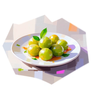 A plate featuring a beautifully arranged amla-based sweet dessert, showcasing the unique green color of amla, which is shaped into small round bites. The dessert is artfully garnished with fresh green mint leaves, adding a vibrant contrast. The plate is simply designed, allowing the dessert and the mint to be the focal points. The setting includes subtle hints of texture on the plate, enhancing the overall presentation of this delightful sweet dish.
