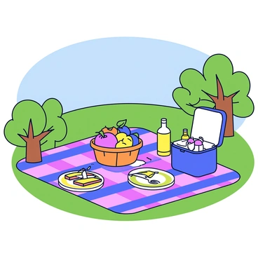 A picnic blanket in a checkered pattern spread across the grass. On the blanket, there is an assortment of snacks, including a basket filled with fresh fruits like apples and grapes, a sandwich tray, and a bottle of lemonade. Nearby, a small cooler is visible, partially open, showing drinks. A couple of colorful picnic plates are placed on the blanket, accompanied by utensils. In the background, there are trees and a clear blue sky.