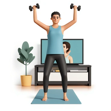 A person, wearing a fitted blue workout tank top and black leggings, is standing in a modern living room equipped for fitness. They are positioned in front of a large screen displaying a virtual workout class. The individual has their arms extended, pressing a set of dumbbells upward in a chest press motion, with a focused expression on their face. The room has wooden floors and a few indoor plants in the background, creating a motivating atmosphere. A yoga mat is laid out on the floor beneath their feet, adding to the workout space.