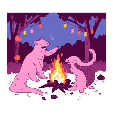 A pink pangolin is happily dancing around a bright orange bonfire under a darkening sky. The bonfire crackles and emits warm light, casting flickering shadows on the ground. Surrounding the bonfire, several other pangolins are engaging in lively movements, their scales shimmering in the glow. Colorful decorations hang from nearby trees, and there are small lanterns lighting up the scene, adding to the festive atmosphere. The ground is covered with scattered leaves and grass, creating a natural setting for the celebration.