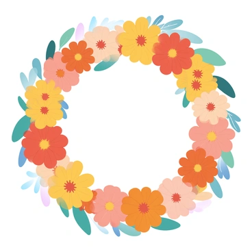 A circular decorative wreath is composed entirely of vibrant "calendula flowers" in shades of orange and yellow. The flowers are layered closely together, creating a full and lush appearance. Surrounding the calendula are assorted "greenery" leaves that add texture and depth to the design. The wreath has a natural, organic form, showcasing the beauty of each flower and leaf. The overall composition is rich in color and detail, making it a striking focal point.