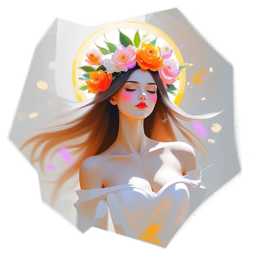 A muse with flowing hair adorned with a crown of vibrant flowers, each flower featuring intricate ornamental designs inspired by nature. The flowers create a halo around her head, with colors such as gold, red, and deep green. The muse is posed gracefully, her expression serene, with soft light illuminating her features. The background is filled with swirling patterns that harmonize with the ornamental designs of the flowers, enhancing the enchanting atmosphere of the scene.
