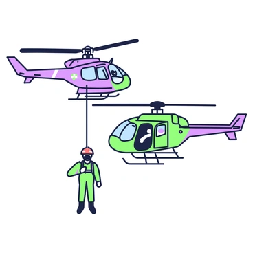 Two helicopters are flying in close formation against a clear sky. The first helicopter is positioned slightly ahead, with its rotors spinning rapidly, creating a dynamic sense of motion. Below it, a rescue diver is lowered from a cable, dressed in a bright rescue suit and helmet, preparing to assist a stranded individual in the water below. The second helicopter hovers nearby, its side door open, revealing a paramedic ready with medical equipment. The scene conveys a sense of urgency and teamwork, with both helicopters featuring distinctive markings and configurations for their rescue missions.