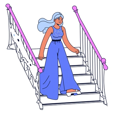 A woman with long flowing hair is elegantly descending a grand staircase. She is wearing a shimmering evening dress that catches the light with every step. The dress is adorned with intricate beadwork and has a fitted bodice that flares out into a flowing skirt. The staircase is wide and has a polished wooden banister, with ornate carvings. The setting is illuminated by soft lighting that enhances the elegance of the scene.