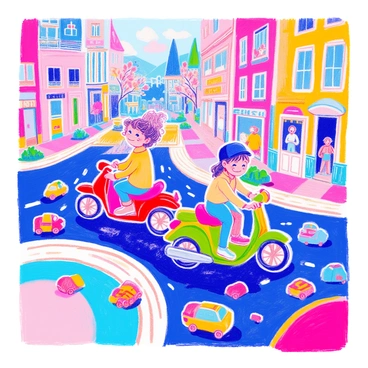 A group of children is playing on a colorful play mat that features roads and buildings. One child, with short curly hair, is riding a red toy motorcycle, while another child, wearing a blue cap, pushes a green motorcycle along the mat. A third child, with braids, is giggling as she pretends to steer a yellow motorcycle. Surrounding them are scattered toy cars and figures, adding to the lively scene. The play mat is adorned with bright patterns, enhancing the playful atmosphere.
