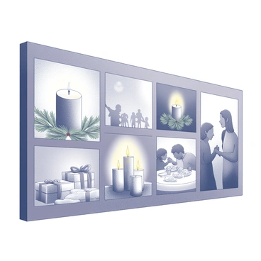 A large mural on a vertical wall, featuring a variety of scenes representing the themes of "Advent." Each section of the mural showcases different interpretations from various artists. In one area, there are detailed representations of a candle with a soft glow, surrounded by evergreen branches. Another section displays a family gathered around a table, sharing a meal, signifying togetherness. There are also images of gifts wrapped in simple paper, symbolizing giving. In the background, silhouettes of people in a joyful gathering can be seen, enhancing the sense of community. The overall composition is harmonious, with each artist's style blending together to create a unified theme.