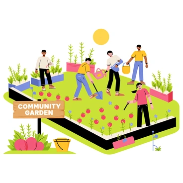 A community garden filled with a variety of colorful plants and vegetables. People of different ages and backgrounds are working together, with some planting seeds while others are watering the plants. There is a wooden sign in the foreground that reads "Community Garden." In the background, there are raised garden beds filled with tomatoes, peppers, and leafy greens. A few garden tools, such as a shovel and watering can, are scattered around. The sun shines down on the vibrant scene, highlighting the joy of collaboration in nurturing the garden.