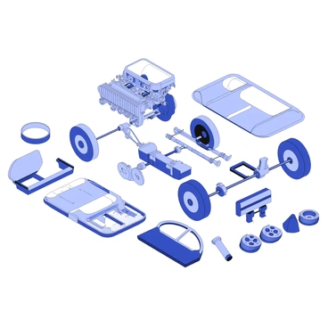 An exploded view of a car is displayed, showcasing each component in a detailed arrangement. The engine is positioned at the top center, with various parts such as the radiator, alternator, and air intake system distinctly separated and labeled. The chassis is in the middle, exposing the suspension system, axles, and driveshaft. Surrounding the chassis are the wheels, with brake components visible. The interior elements, including seats, dashboard, and steering wheel, are spread out alongside the exterior parts such as the body panels, headlights, and tail lights. Each part is clearly defined and positioned to highlight the overall structure and complexity of the vehicle.