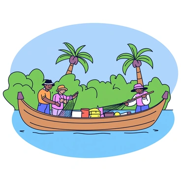 A wooden barge floats gently on a turquoise lagoon. Onboard, a group of artisanal fishermen are engaged in their work. Each fisherman is using a large, traditional net, crafted from natural fibers. The barge is adorned with some fishing gear, including rope coils and small wooden crates. Lush greenery can be seen in the background, with tall palm trees swaying slightly in the warm breeze. The clear sky above is bright blue, enhancing the vibrant colors of the tropical scene.