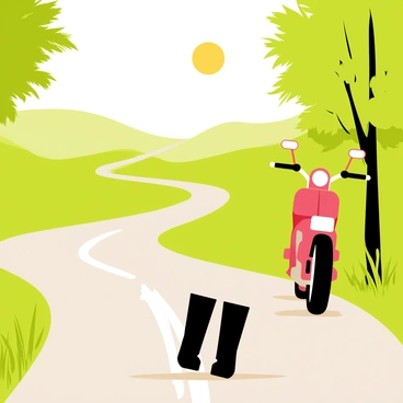 A peaceful countryside road surrounded by lush green fields and tall trees lining either side. A pair of black motorcycle boots rests on the foot pegs of a shiny red motorcycle parked along the side of the road. The sun casts a warm glow over the scene, creating soft shadows on the ground. A gentle breeze rustles the grass, adding a sense of tranquility to the setting. The winding road leads off into the distance, inviting exploration.