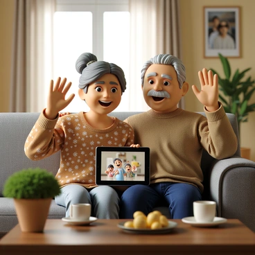 Two grandparents, a woman with gray hair tied in a bun and wearing a floral blouse, and a man with a white mustache dressed in a cozy sweater, are sitting on a comfortable couch in their living room. They are both smiling and waving with their hands raised, looking at a tablet placed on a coffee table in front of them. The background features warm lighting, family photos on the walls, and a potted plant nearby. The tablet screen shows two cheerful grandchildren, a boy and a girl, who are laughing and waving back from their location.