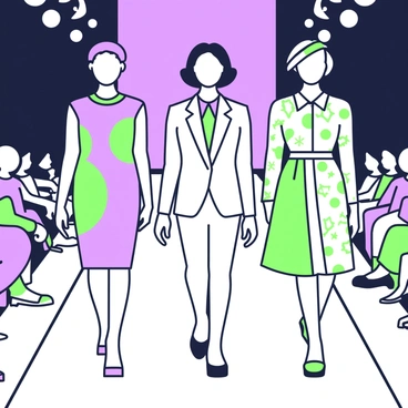 Models showcasing stylish atomic-age clothing with bold colors and geometric patterns on a runway.