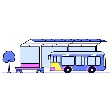 A futuristic bus stop with a sleek, modern design. The bus stop features transparent walls and a minimalistic seating area with curved benches. Above the bus stop is a large solar panel roof that captures sunlight efficiently. An electric bus is arriving, showcasing a streamlined body and vibrant color accents. The bus has large windows and is illuminated with soft LED lights. There are a few trees planted nearby, adding a touch of greenery to the environment.