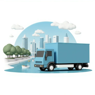 A large moving truck, painted in bright blue, is parked beside a sparkling river. The river is calm, with several small boats gently bobbing on the water's surface. In the background, a vibrant city skyline rises, featuring tall skyscrapers with glass facades reflecting the sunlight. The sky above is clear and blue, with a few fluffy white clouds scattered across it. Lush green trees line the riverfront, providing a natural contrast to the urban setting.