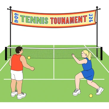 A large, colorful tournament banner hanging horizontally above a well-maintained green grass tennis court. The banner features bright colors and bold text that reads "Tennis Tournament 2023" in a playful font. Below the banner, two players are warming up, one is a tall man with dark hair wearing a red tank top and white shorts, practicing his serves. The other player is a woman with light skin and blonde hair in a ponytail, dressed in a blue sports dress, stretching her legs near the net. The sun is shining brightly, casting shadows of the players on the grass, while a few tennis balls lie scattered on the ground nearby.