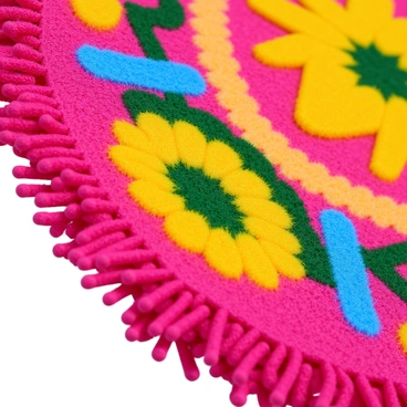 A close-up of a colorful shag rug with vibrant patterns