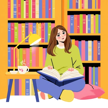 Bella Swan sitting in a cozy corner of the library, surrounded by tall wooden bookshelves filled with colorful books. She has long brown hair cascading over her shoulders and is wearing a warm, knitted sweater. A soft cushion supports her as she sits cross-legged on the floor, holding a thick book with intricate cover art. A small, reading lamp casts a warm glow over her, and a steaming cup of tea rests beside her on a small wooden table. The scene conveys a sense of comfort and focus as Bella becomes engrossed in her reading.