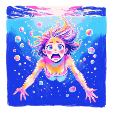 A person is submerged underwater, with bubbles rising around them. Their eyes are wide open, reflecting a sense of urgency and distress. The individual's hair is flowing upwards, creating a sense of movement. Their arms are extended outward, as if reaching for the surface. The light filtering through the water creates a play of shadows and highlights on their face, emphasizing their expression of panic. There are subtle ripples in the water surrounding them, adding to the dynamic feeling of being in an overwhelming situation.
