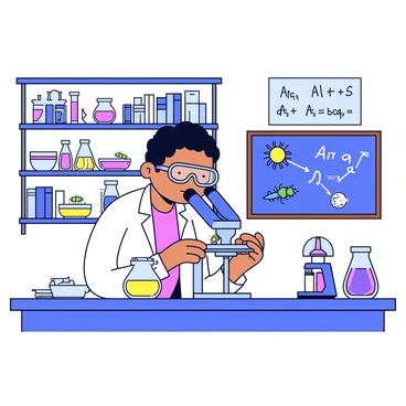 A scientist with short black hair is wearing a white lab coat and safety goggles. The scientist is intently examining a small group of colorful beetles under a microscope. The laboratory is filled with various scientific equipment, including test tubes, a Bunsen burner, and a chalkboard covered in formulas. The surfaces are cluttered with petri dishes and glass containers housing different specimens. There are shelves in the background lined with books and additional tools.