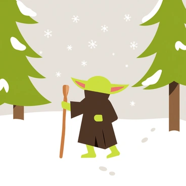 A small green creature with large ears, resembling Yoda, is walking through a quiet forest blanketed in white snow. Tall evergreen trees surround him, their branches heavy with freshly fallen snow. The ground is covered in a thick layer of snow, with small footprints behind him. Soft, fluffy snowflakes are gently falling from the gray sky. Yoda is wearing a dark brown robe that contrasts with the bright snow, and he holds a gnarled wooden cane.