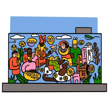 A large mural painted on the side of a city building. The mural features vibrant colors and intricate designs that reflect local culture. Elements include traditional music instruments, local wildlife, and a diverse group of people engaged in various cultural activities. The scene is lively, with bright patterns and images intermingling, creating a sense of community and heritage. The background of the mural shows a clear blue sky, enhancing the vividness of the colors.