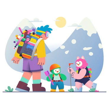 A group of cartoon characters is preparing for a mountain climbing adventure. The first character is a tall, lanky figure with bright blue hair, wearing oversized goggles and a comically large backpack filled with strange equipment. Beside them, a short character with green skin is wearing a neon orange helmet and holding a bright purple climbing pick. Another character, fluffy with pink fur and a cheerful expression, is adjusting their colorful climbing harness. In the background, a rugged mountain landscape is visible, with steep cliffs and patches of snow, while a sunny sky with a few fluffy clouds adds to the lively atmosphere.