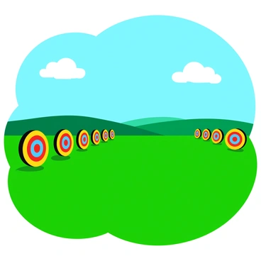 A wide open field with archery targets set in rows, under a clear blue sky