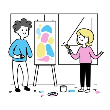 Two students, one with curly black hair wearing a blue shirt and the other with straight blonde hair in a red sweater, are standing in front of a large mural illustration on a wall. The mural features vibrant colors and abstract shapes. The students are holding paintbrushes, actively discussing their ideas. Paint splatters are visible on the floor and on their clothes, indicating their enthusiastic collaboration. A few paint cans and palettes are scattered around them in the studio. Natural light is streaming in through a window, illuminating their focused expressions.