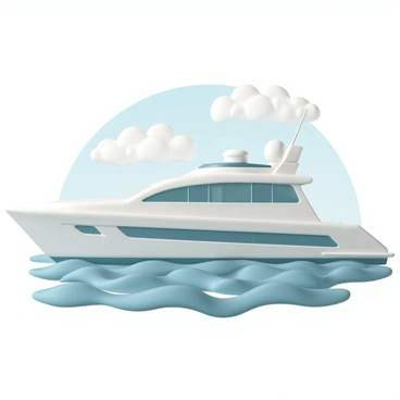 A modern yacht with a sleek, streamlined hull is gliding smoothly over gentle ocean waves. The yacht has a pristine white exterior with large windows, displaying a spacious deck. The sun reflects off the water, creating shimmering patterns. In the background, there are soft blue skies with a few fluffy white clouds, completing the tranquil seascape.