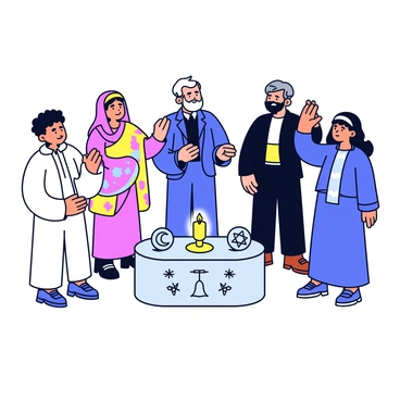 A group of leaders from different religions stands together in a circle. Each leader is wearing traditional attire that reflects their faith; one has a white robe, another wears a colorful sari, a third is dressed in a dark suit, and another is in a long flowing dress. They all have their hands raised towards the center of the circle, with expressions of focus and unity. In the middle of the circle, there is a small simple altar with a lit candle and various religious symbols, including a cross, a crescent moon, and a star of David. The background is a soft, neutral color that emphasizes the gathering's serene atmosphere.