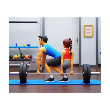 A couple performing synchronized deadlifts in a home gym. The man has short black hair and is wearing a blue tank top and black shorts. The woman has long brown hair tied back in a ponytail and is dressed in a red sports bra and grey leggings. They are both focused on their form, with their backs straight and lifting a barbell together. The home gym has a variety of fitness equipment, including dumbbells and a yoga mat, with a large mirror on the wall reflecting their movements. The floor is made of dark wood, and there is a motivational poster on the wall.