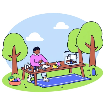 An artistic depiction of an outdoor printing setup in a park