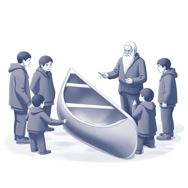 A group of Inuit elders is gathered outdoors, surrounded by a wooden canoe that is partially disassembled. One elder, with a long white beard, is demonstrating proper techniques for repairing the canoe's hull. He holds a tool in one hand while pointing to a section of the canoe with the other hand. The younger generation, consisting of several attentive teenagers, listens closely and watches the demonstration intently. Their expressions show curiosity and eagerness to learn. The setting includes a backdrop of snow-covered land and a clear sky, emphasizing the traditional knowledge being passed down in this remote environment.