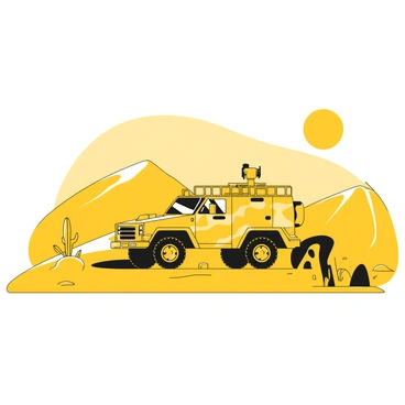An army vehicle with a rugged design, painted in a yellow desert camouflage pattern, is parked on the sandy surface of a dune. The vehicle features large wheels and a sturdy frame. Surrounding the vehicle are gentle, rolling sand dunes that create a stark contrast against the vehicle's pattern. The sun is high in the sky, casting defined shadows of the dunes and the vehicle. A few sparse desert plants can be seen in the distance, emphasizing the arid environment. The scene captures a sense of solitude in the vast desert landscape.
