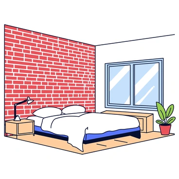 A modern loft-style bedroom features a spacious layout with high ceilings. The walls are made of exposed red bricks, giving a rustic feel. The furniture is minimalist, including a low-profile bed with a simple white duvet. There is a small nightstand next to the bed made of light wood, holding a sleek lamp. A large window allows natural light to flood the room, casting soft shadows on the wooden floor. A potted plant sits in the corner, adding a touch of greenery to the space.