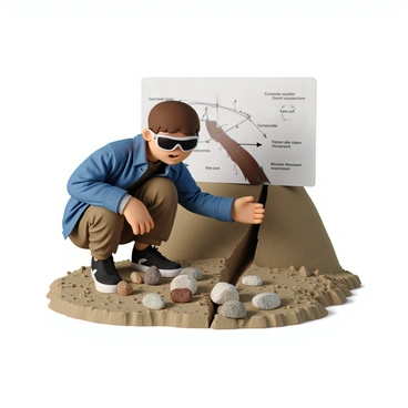 A geologist with short brown hair and safety goggles, wearing a blue jacket and khaki pants, is crouching down to examine several rock samples scattered on the ground at a fault line. The rocks vary in color and texture, showcasing different mineral compositions. Behind the geologist, there is a detailed diagram illustrating the concept of "slab pull," featuring arrows indicating tectonic plate movement. The fault line is marked by a visible crack in the earth, with loose soil and small boulders surrounding the area. The scene captures a moment of scientific exploration, emphasizing the geologist's focus and the educational aspect of the diagram in the background.
