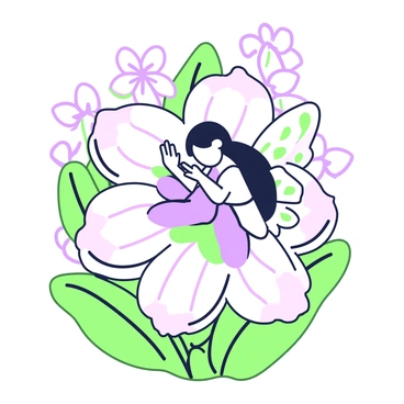 A tiny fairy is resting delicately on the petals of an evening primrose flower. The fairy has iridescent wings that shimmer subtly as they catch the light, and she is wearing a dress made of petals that blend into the flower. She has long, flowing hair that cascades down her back, partially covering her shoulders. The evening primrose is large relative to the fairy, displaying its soft, rounded petals that wrap around her. The flower is surrounded by green leaves that create a natural setting. The background features hints of more flowers, enhancing the peaceful atmosphere of this small, enchanted moment.