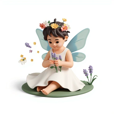 A small fairy, with translucent wings shimmering in various shades of blue and green, is delicately weaving a crown from "vibrant wildflowers." The flowers include bright red poppies, yellow daisies, and purple lavender, all intricately intertwined in her hands. The fairy is dressed in a flowing dress made of soft petals and leaves, blending seamlessly with the natural surroundings. She is sitting on a grassy patch, with sunlight filtering through the trees, casting playful shadows around her. Her expression is focused and serene as she crafts the crown, surrounded by a gentle breeze that slightly ruffles her wings.