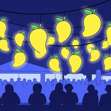 A collection of mango-shaped lanterns hanging from thin strings. Each lantern is designed to resemble a mango, with bright yellow and green colors. The lanterns emit a warm, soft glow, illuminating the surrounding area. The setting is a night festival, with faint silhouettes of people enjoying the festivities in the background. Some of the lanterns are gently swaying in the night breeze.