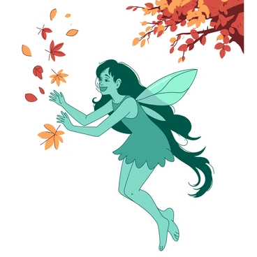 A teal fairy with delicate leaf-like wings is gracefully hovering in the air. The fairy has long flowing hair that matches the colors of autumn, cascading around her shoulders. She is surrounded by a flurry of orange and red leaves that are gently falling from the trees above. The background is filled with hints of tree branches, emphasizing the autumn atmosphere. The fairy's expression is joyful as she reaches out to catch the leaves in her hands.