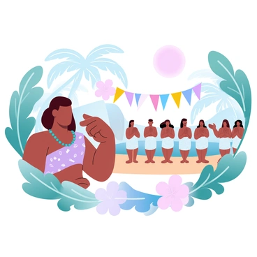 A person is holding a conch shell horn to their lips, preparing to blow into it. The individual is wearing a traditional decorative outfit made of bright, patterned fabrics, adorned with shells and beads. Surrounding them are tropical trees and lush greenery, setting the scene of an island ceremony. In the background, a group of people dressed in similar traditional attire can be seen, some are clapping their hands while others are dancing. The atmosphere is filled with an array of colorful banners and flowers, enhancing the festive spirit of the ceremony. A large sun is shining overhead, casting a warm glow on the scene.