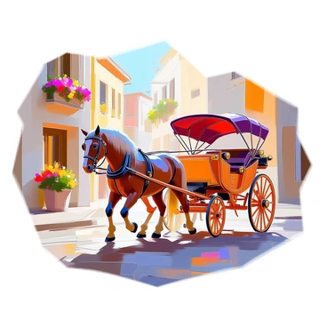 A horse-drawn carriage moves gracefully along a cobblestone street. The carriage is made of polished wood, featuring intricate carvings and details, with a rich burgundy-colored canopy. A majestic chestnut horse pulls the carriage, its mane flowing gently in the breeze. The cobblestones beneath are uneven and worn, showing signs of age. Lining the street are charming old buildings with vibrant flower boxes under the windows. The scene captures a sense of nostalgia and tranquility, as the sun casts a warm glow over the entire setting.