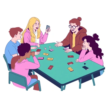 A teal table is set up in a cozy room where a group of four friends is gathered, all focused intently on a fantasy card game. Two friends are sitting on one side of the table, one with short brown hair and wearing a blue t-shirt, while the other has curly black hair and is wearing a pink hoodie. The friend across from them has long blonde hair tied back and is wearing glasses, enthusiastically gesturing with a card in hand. The fourth friend is laughing, holding a card up with both hands while sitting on the edge of their seat. Colorful game cards are scattered across the tabletop, with a few dice positioned near them. A warm glow of overhead lights brightens the scene, amplifying the excitement in the atmosphere.