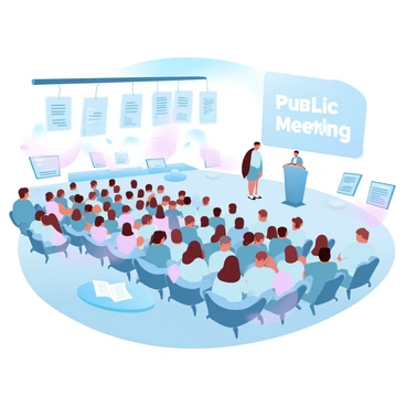 A large public meeting is taking place in a spacious hall filled with a diverse group of people. Various seating arrangements are visible, including rows of chairs, circular tables, and individual seats. Each seating option is designed to accommodate different preferences and needs. Some chairs have armrests, while others are designed for accessibility. The room is equipped with a podium at the front, where a speaker is presenting to the audience. Banners hanging from the ceiling display the meeting's purpose in large, clear text. Multiple informational tables are set up around the room with pamphlets and resources related to the meeting's topics. Bright, ambient lighting fills the hall, creating a welcoming atmosphere.