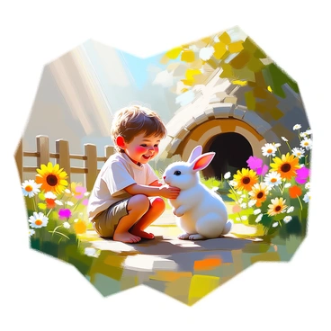 A small hobbit with curly brown hair and round cheeks is joyfully playing with a fluffy white pet rabbit in a lush garden. The garden is filled with vibrant flowers in various colors, including daisies and sunflowers, surrounded by green foliage. Sunlight streams through the leaves above, creating dappled patterns on the ground. The hobbit is wearing a simple tunic and brown trousers, kneeling on the soft grass while gently petting the rabbit, who appears content and playful. In the background, there are small wooden fences and a cozy hobbit hole peeking out from behind the garden's greenery.