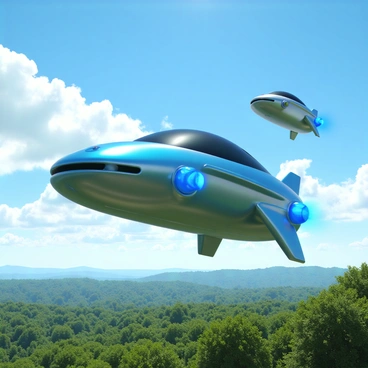 A fleet of futuristic vehicles with sleek, aerodynamic designs is powered by magnetic propulsion. The vehicles have shiny metallic exteriors that reflect sunlight, showcasing vibrant colors of blue, silver, and green. They are equipped with glowing blue orbs on their sides, indicating their propulsion system. The sky is a bright azure, dotted with fluffy white clouds, as the vehicles soar gracefully at high speeds. Below, a lush green landscape is visible, contrasting with the advanced technology of the vehicles above. The scene captures a sense of motion and energy as the fleet darts through the air.